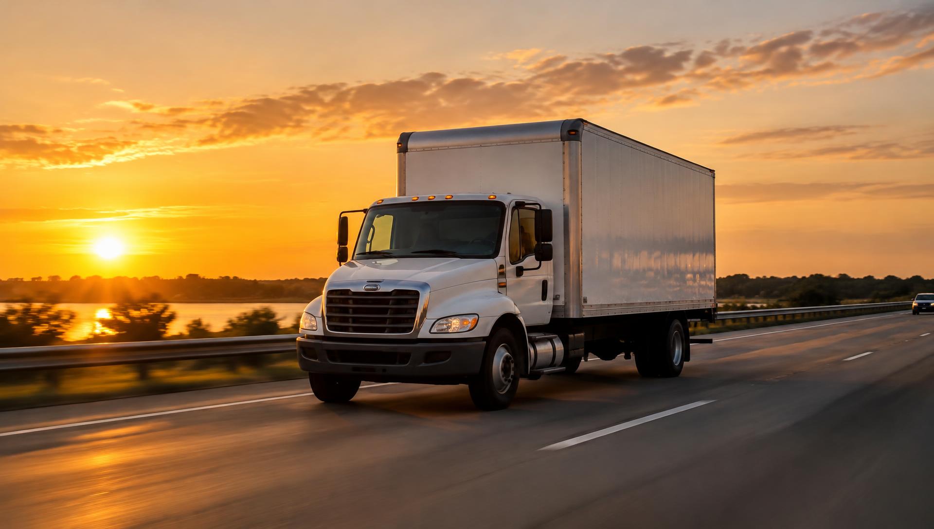 White 26-foot box truck on a highway at sunset
